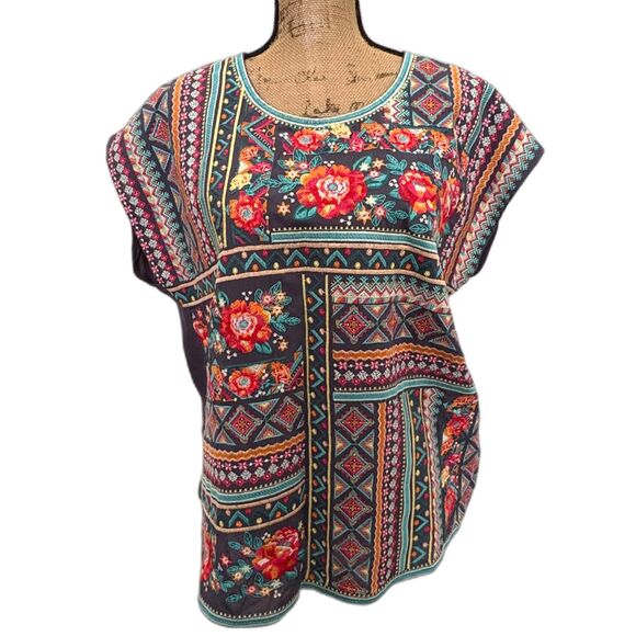 Savanna Jane Embroidered Cap Sleeve Tee Floral Mixed Print Multicolor Size Large - Picture 1 of 5